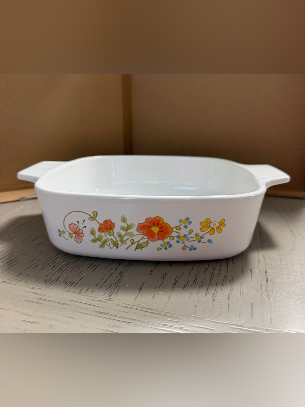 Corningware White Casserole Dish with Orange, Yellow and Green Floral Pattern